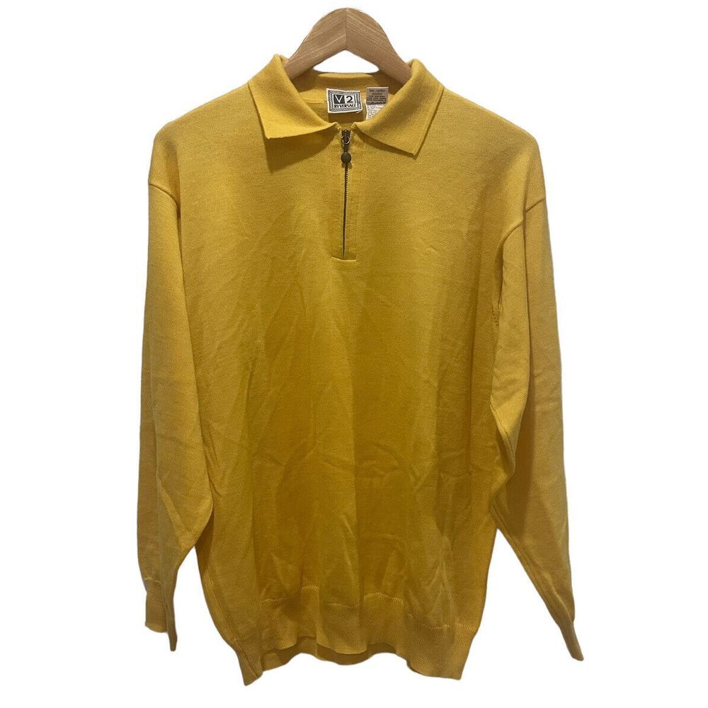 Vtg V2 Versace Men's 1/4 Zip Pullover Sweater Yellow Merino Wool Knit Size L euc